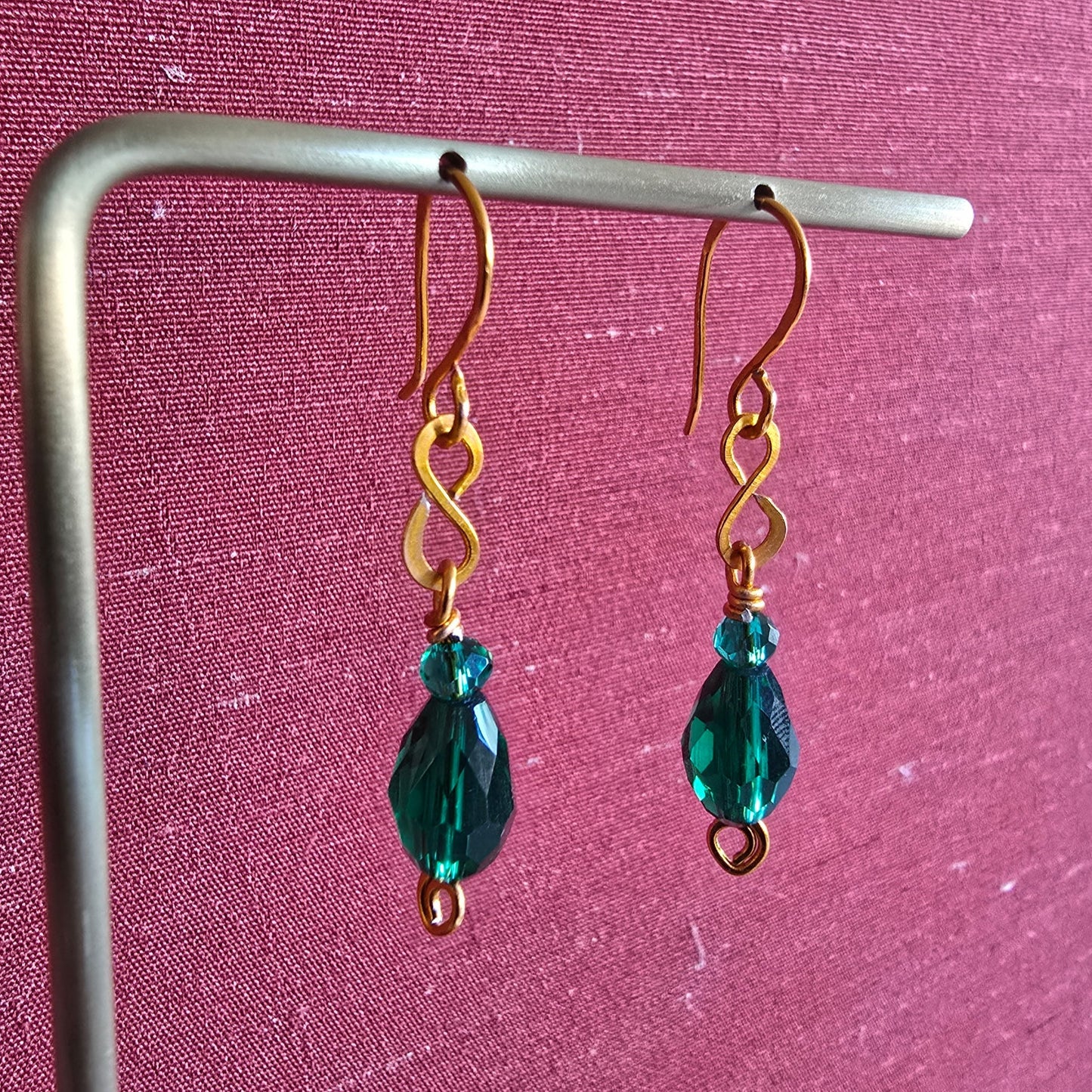 Gold-Colored Aluminum and Green Czech Glass Dangle Earrings