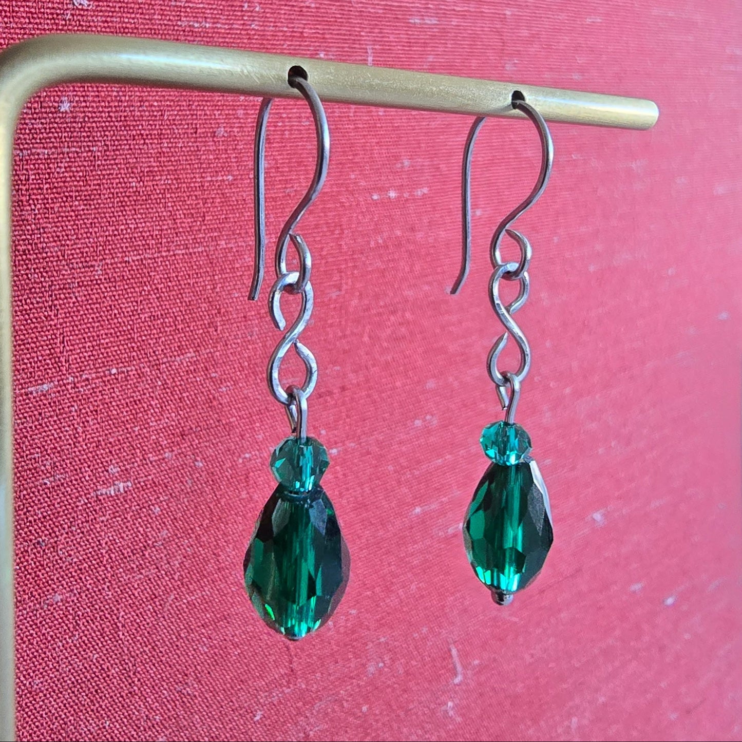 Stainless Steel and Green Czech Glass Dangle Earrings