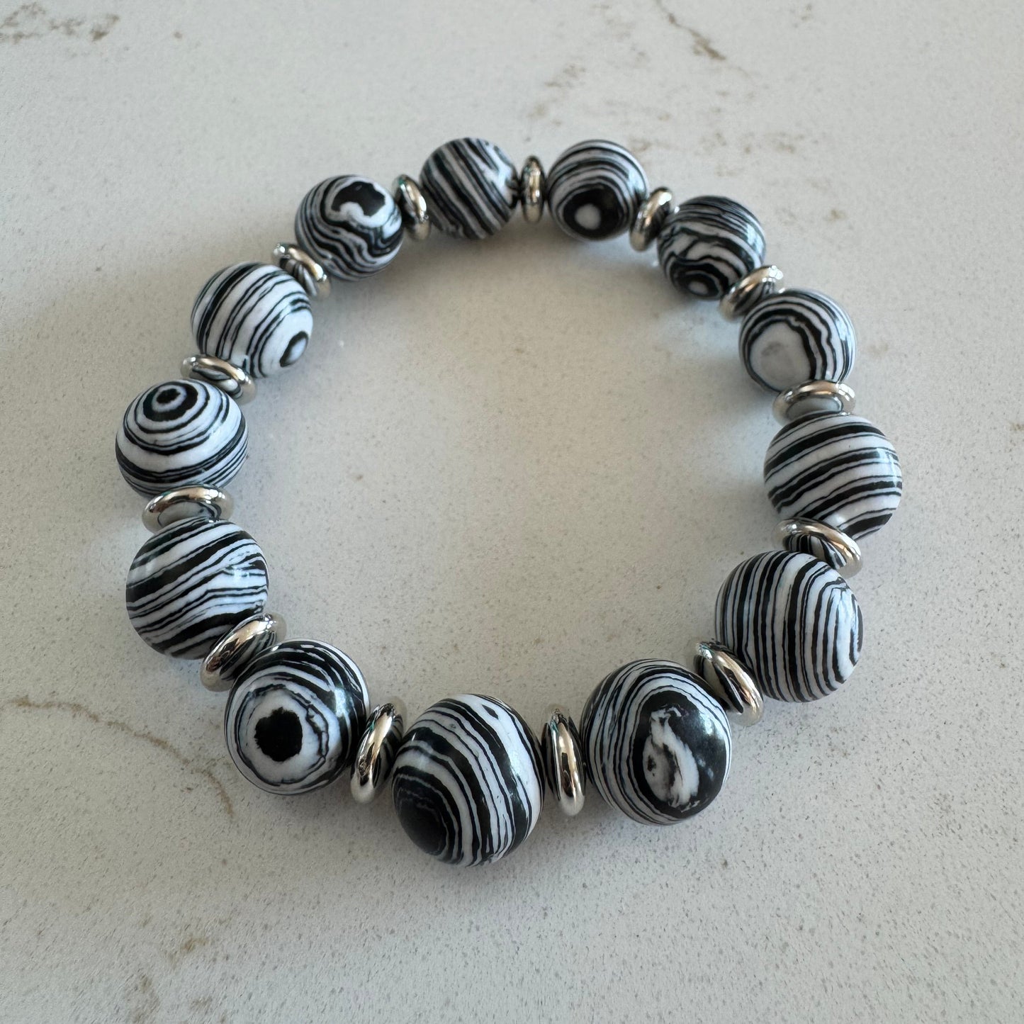 12mm Black and White Malachite Gemstone Bead Stretch Bracelet