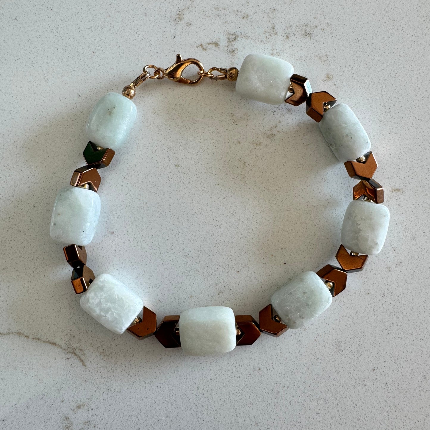 Amazonite Gemstone Bead Clasp Bracelet with Bronze Hematite Chevrons