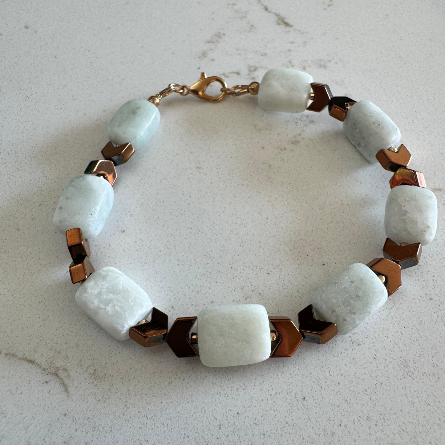 Amazonite Gemstone Bead Clasp Bracelet with Bronze Hematite Chevrons