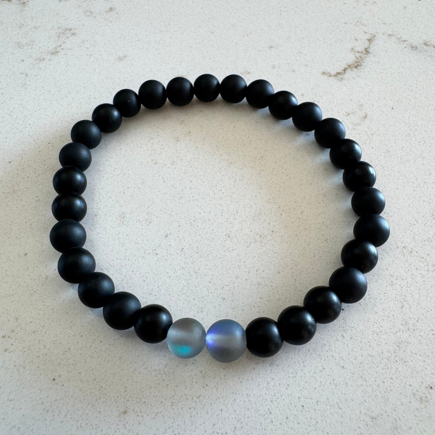 6mm Matte Black Onyx Gemstone Stretch Bracelet with Clear Mystic Aura Glass Beads