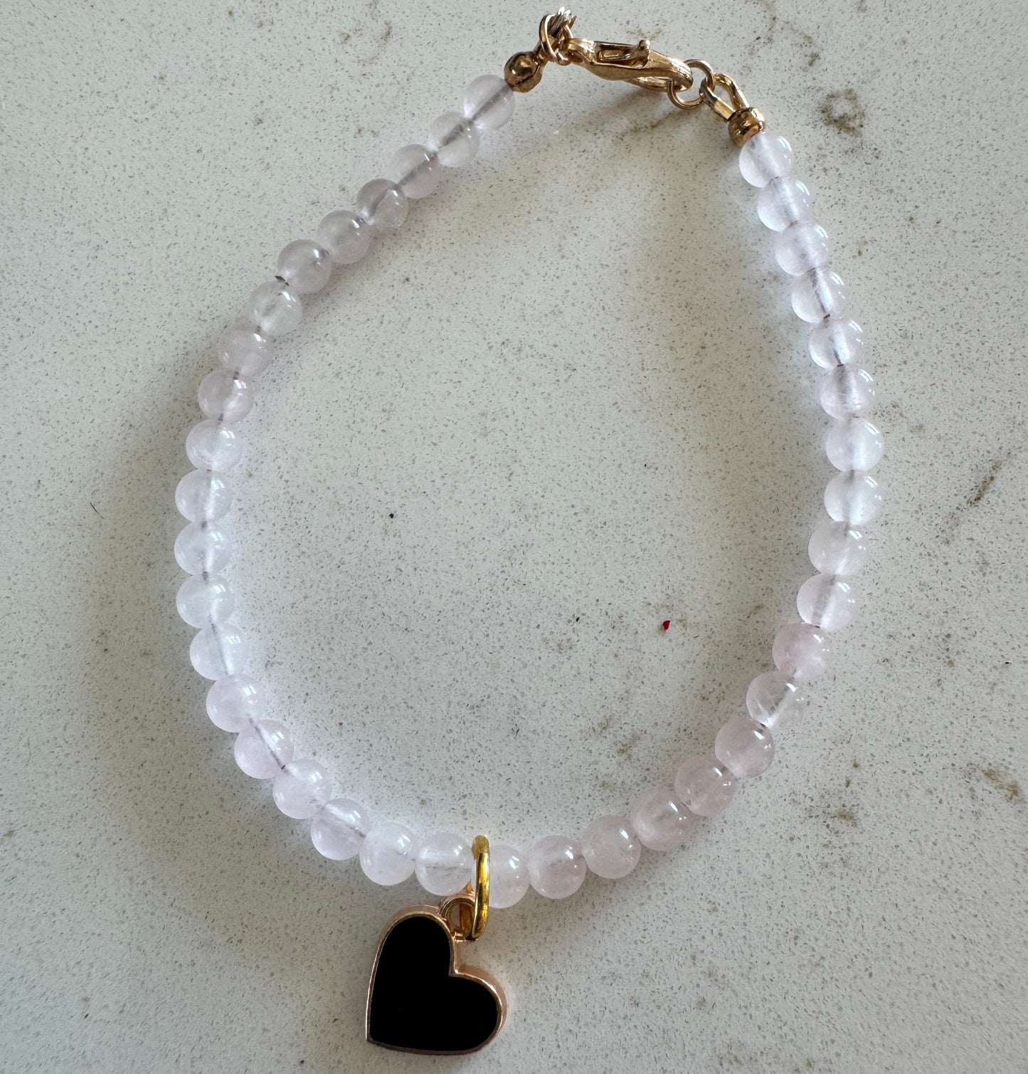 4mm Rose Quartz Gemstone Bead Clasp Bracelet with Black Heart Charm