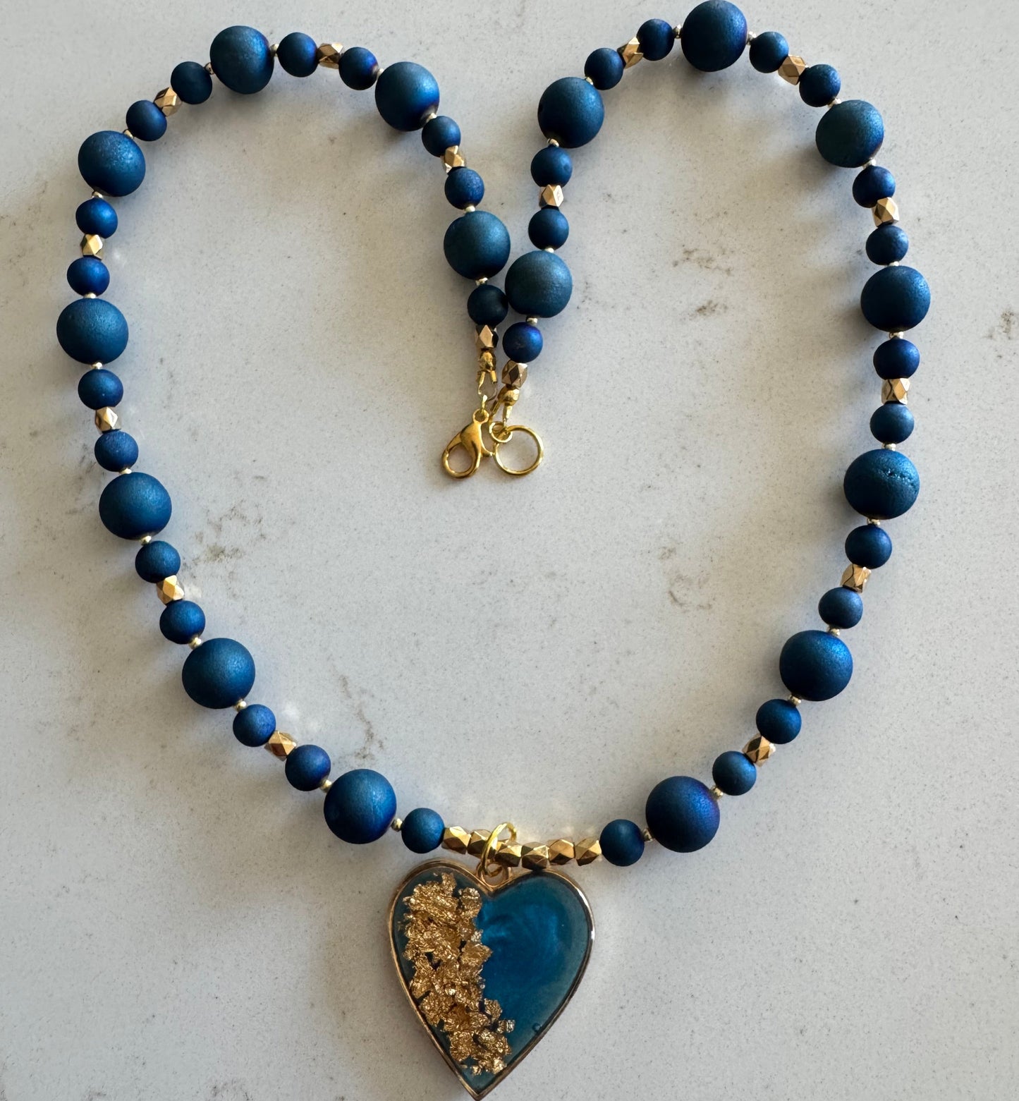 Matte Blue Coated Druzy Agate Gemstone Bead Necklace with Resin and Gold Leaf Heart Pendant