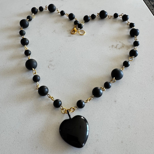 Black Onyx Gemstone Bead Necklace with Black Heart Pendant