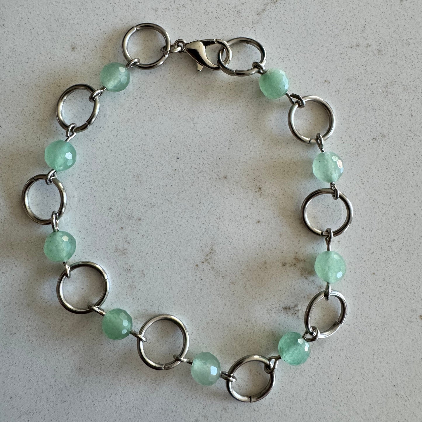Silver Rings and Green Aventurine Gemstone Bead Clasp Bracelet