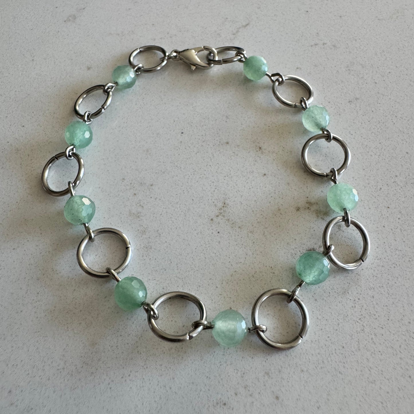 Silver Rings and Green Aventurine Gemstone Bead Clasp Bracelet