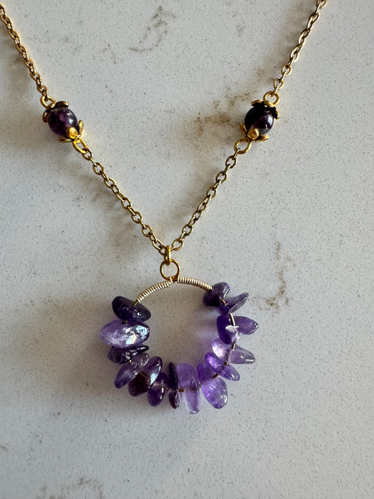 Purple Fluorite and Gold Necklace With Amethyst Pendant