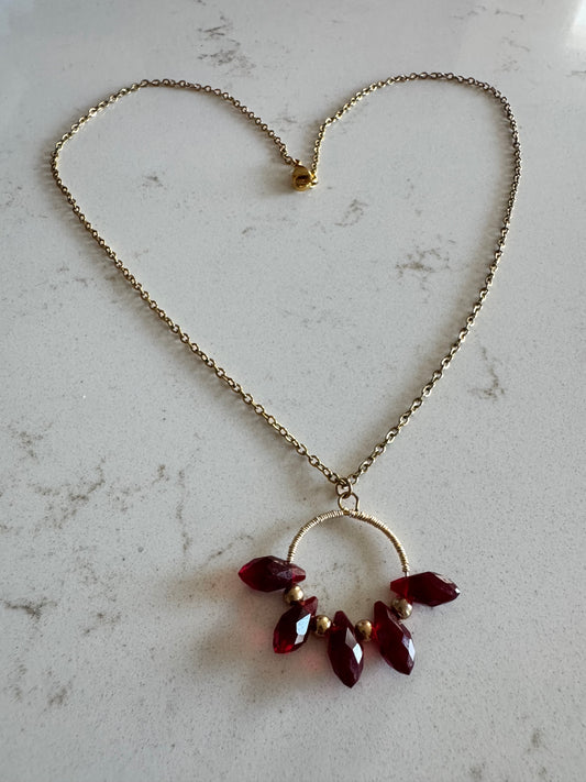 Dark Red Czech Glass and Gold Pendant Necklace