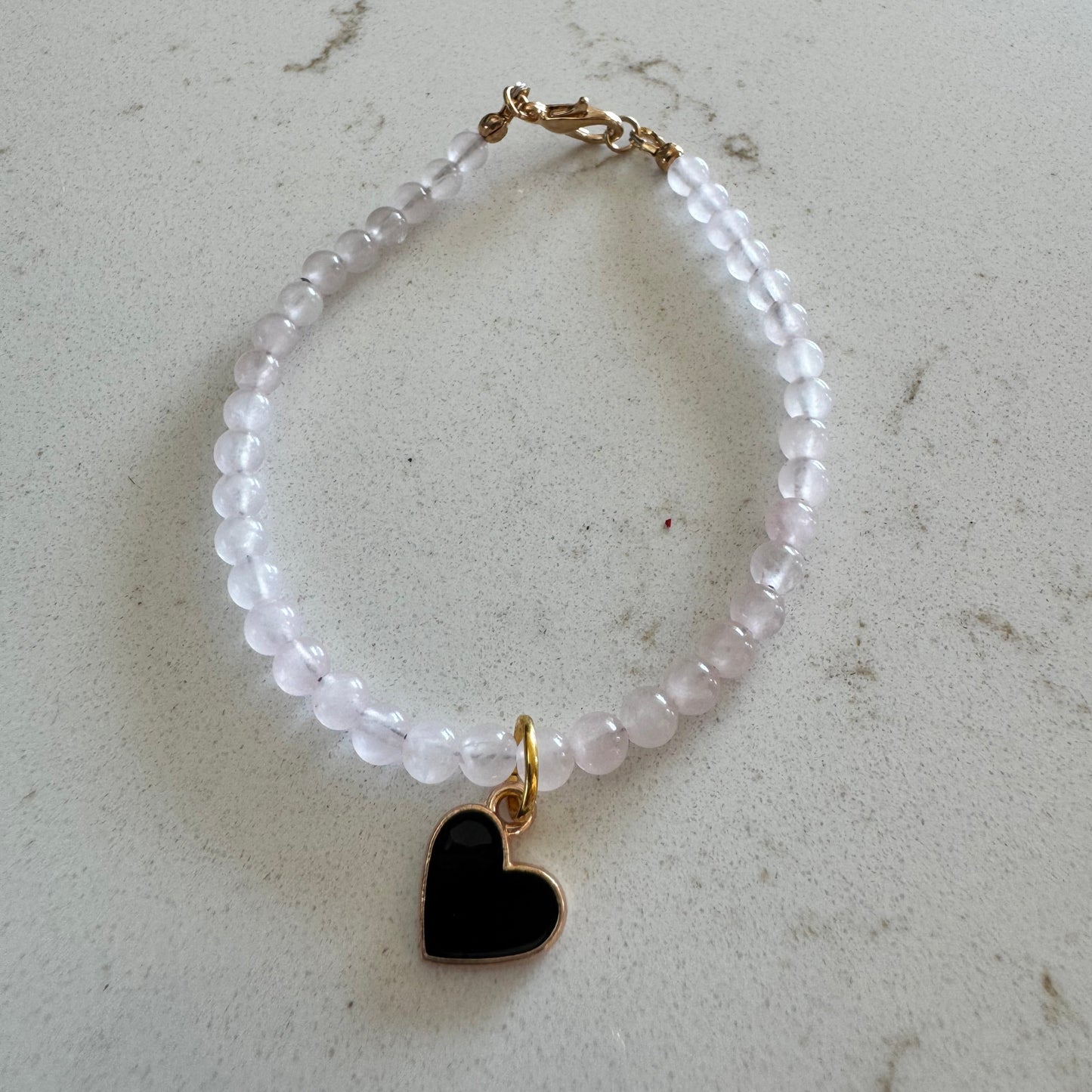 4mm Rose Quartz Gemstone Bead Clasp Bracelet with Black Heart Charm