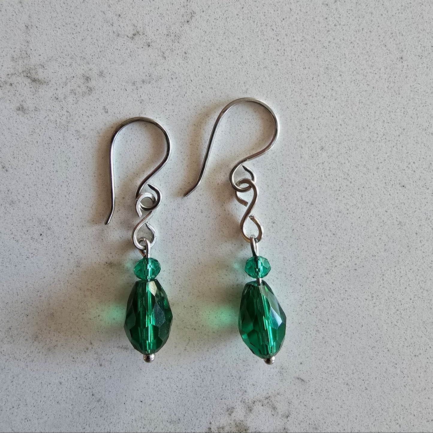 Stainless Steel and Green Czech Glass Dangle Earrings