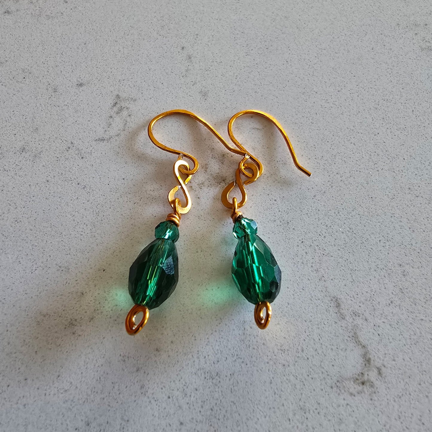 Gold-Colored Aluminum and Green Czech Glass Dangle Earrings
