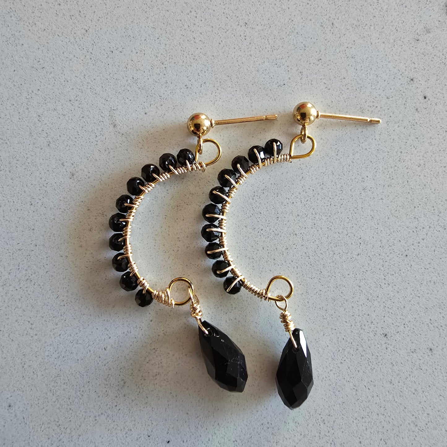Black and Gold Crescent Moon Dangle Stud Teardrop Earrings