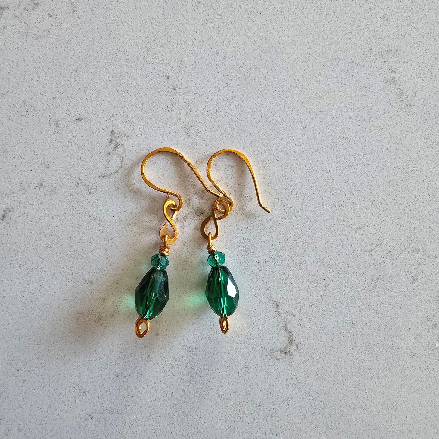 Gold-Colored Aluminum and Green Czech Glass Dangle Earrings