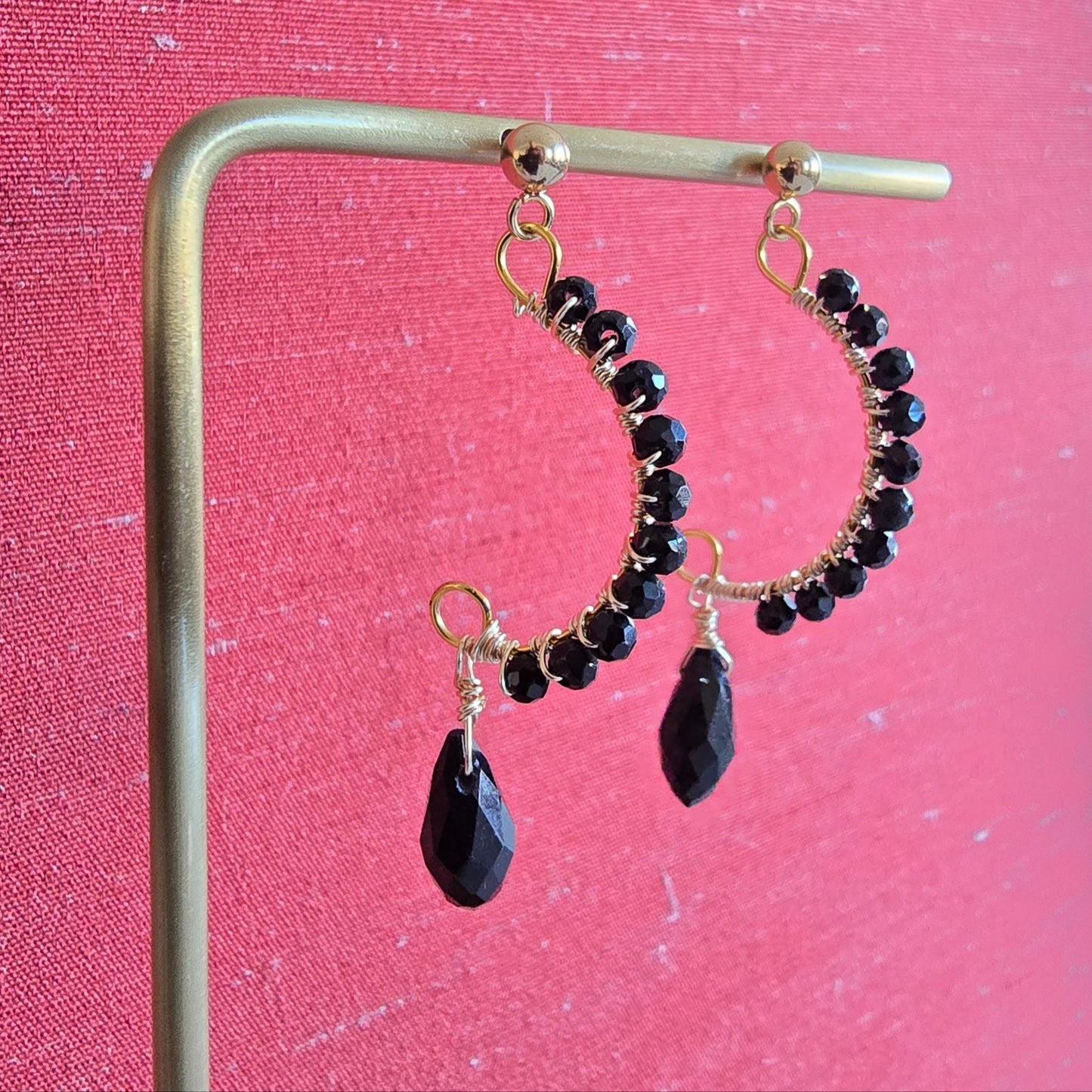 Black and Gold Crescent Moon Dangle Stud Teardrop Earrings