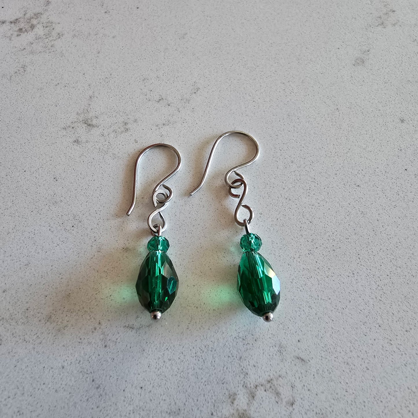 Stainless Steel and Green Czech Glass Dangle Earrings