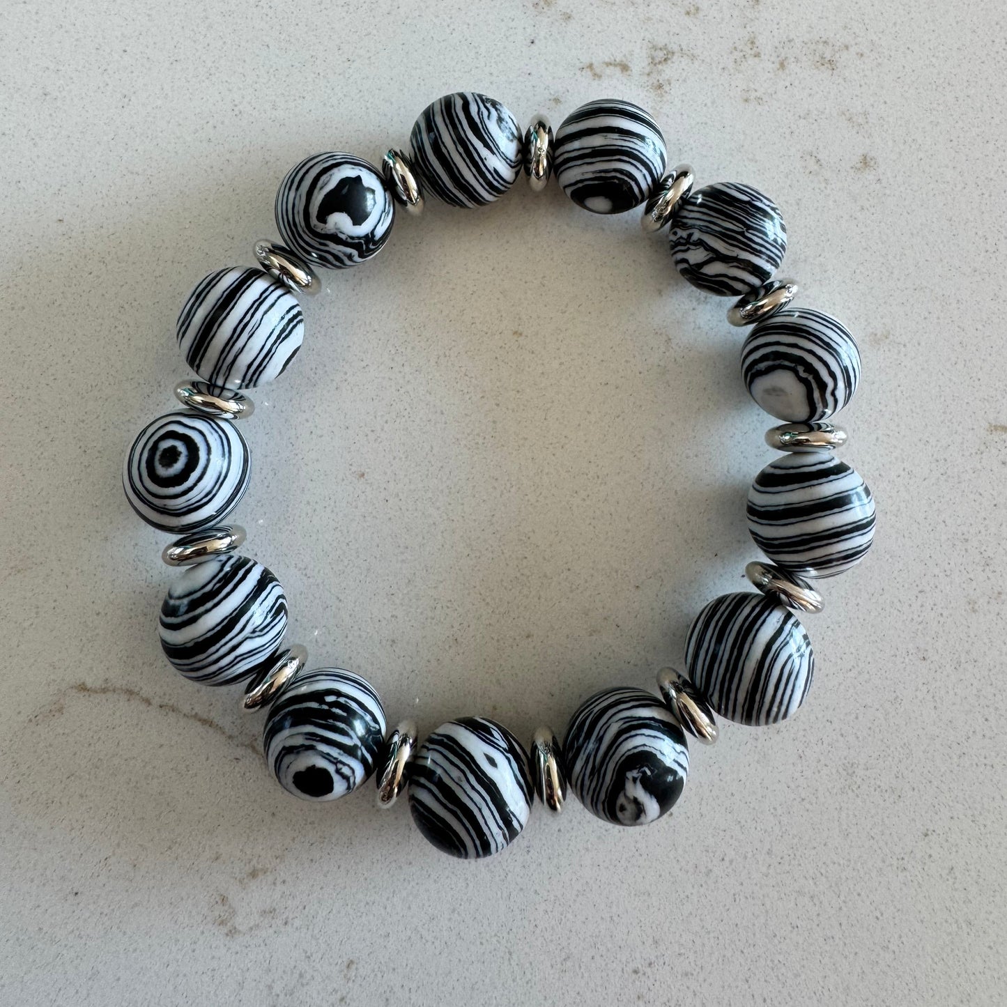 12mm Black and White Malachite Gemstone Bead Stretch Bracelet