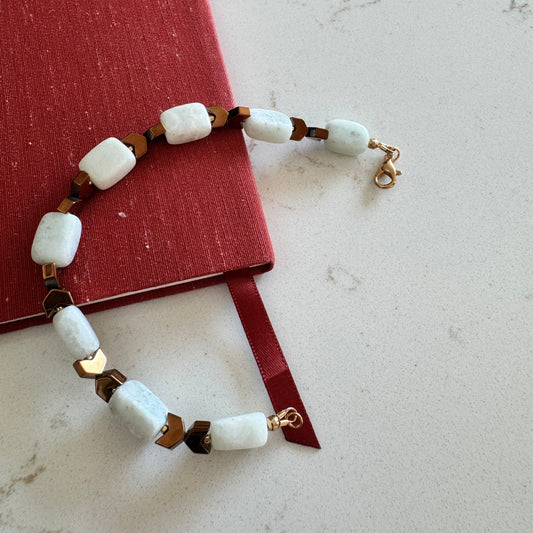 Amazonite Gemstone Bead Clasp Bracelet with Bronze Hematite Chevrons
