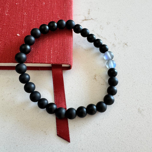 6mm Matte Black Onyx Gemstone Stretch Bracelet with Clear Mystic Aura Glass Beads