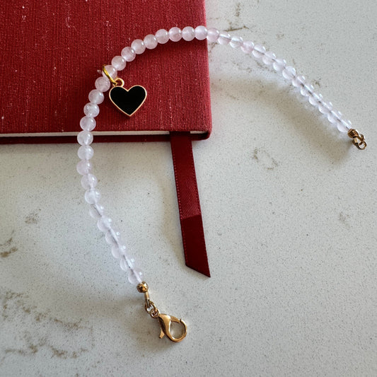 4mm Rose Quartz Gemstone Bead Clasp Bracelet with Black Heart Charm
