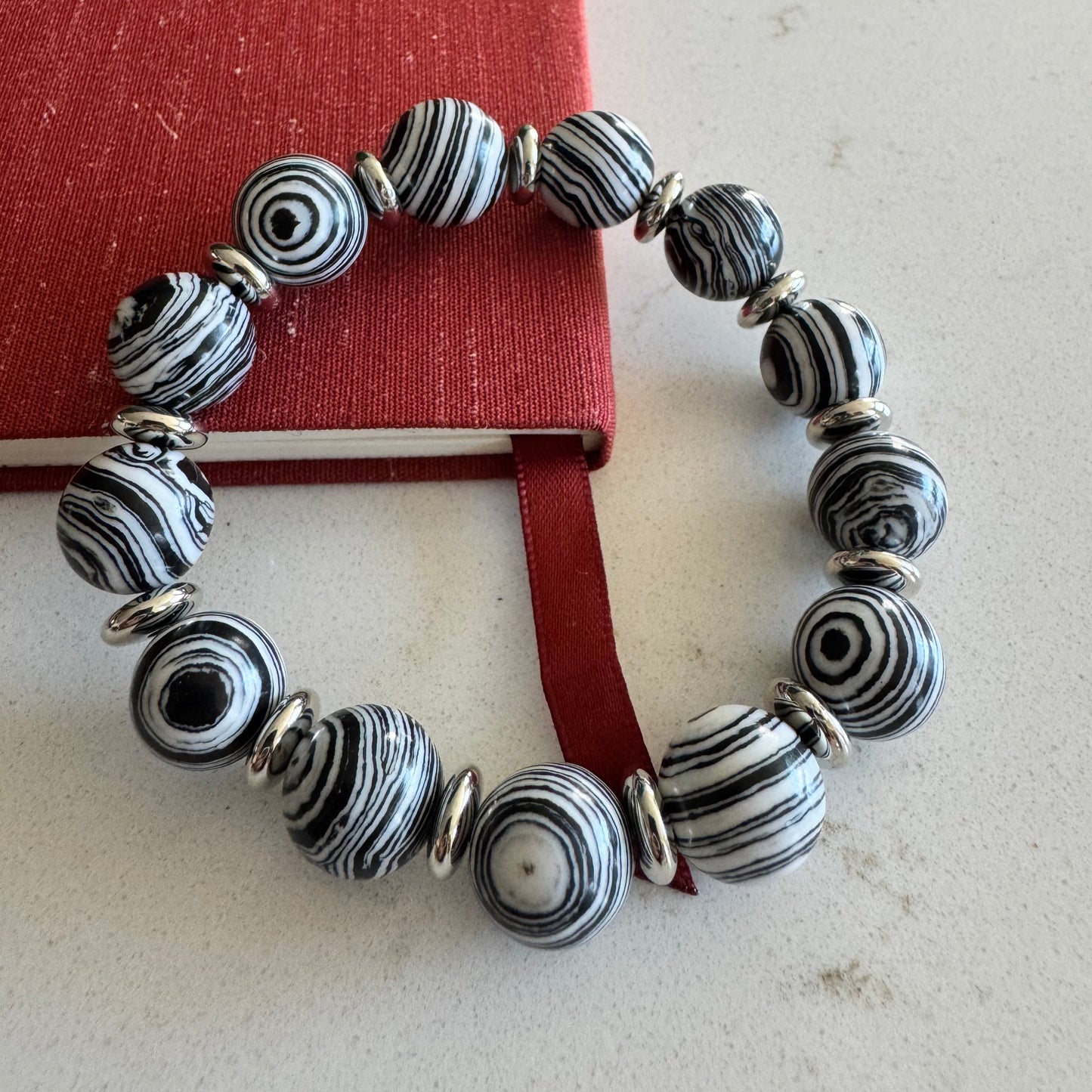 12mm Black and White Malachite Gemstone Bead Stretch Bracelet