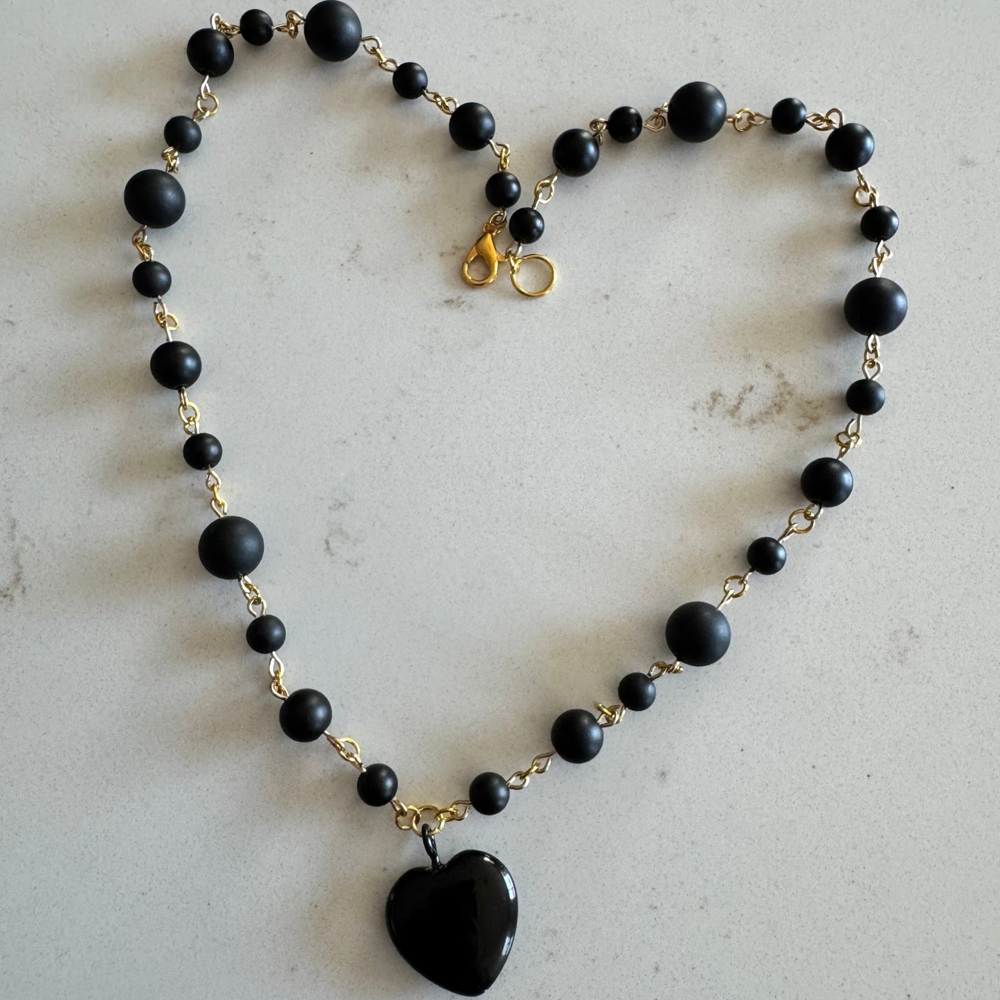 Black Onyx Gemstone Bead Necklace with Black Heart Pendant