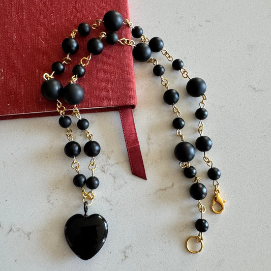 Black Onyx Gemstone Bead Necklace with Black Heart Pendant