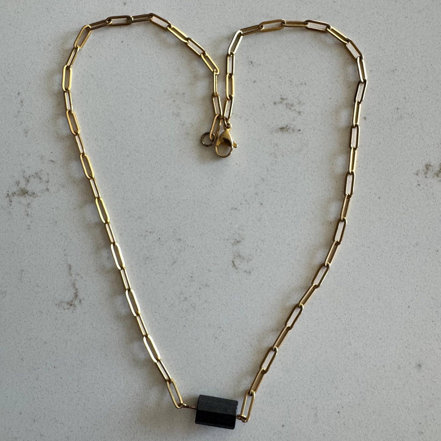 Gold Paperclip Necklace with a Black Tourmaline Pendant