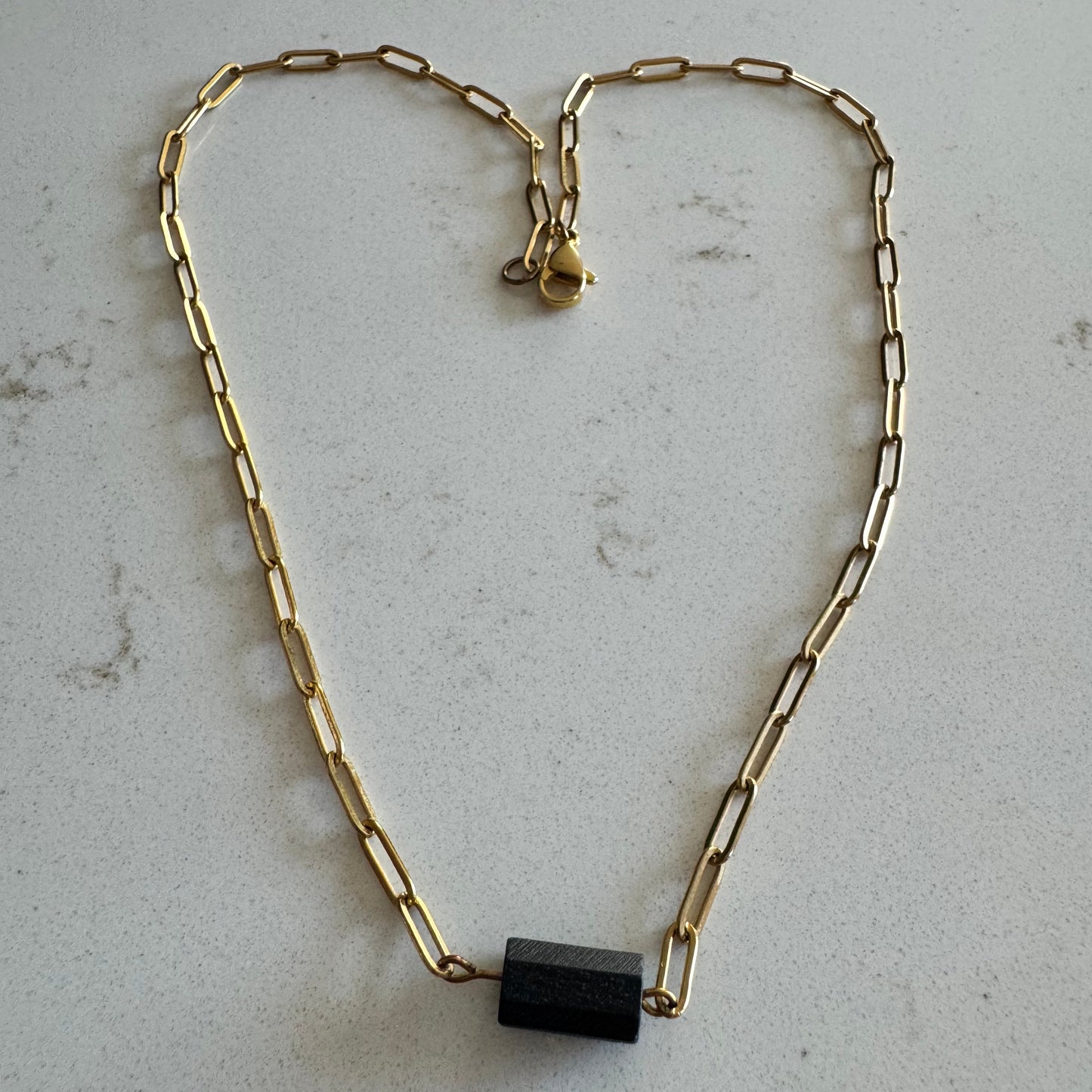 Gold Paperclip Necklace with a Black Tourmaline Pendant