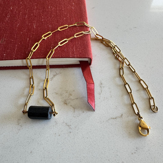 Gold Paperclip Necklace with a Black Tourmaline Pendant