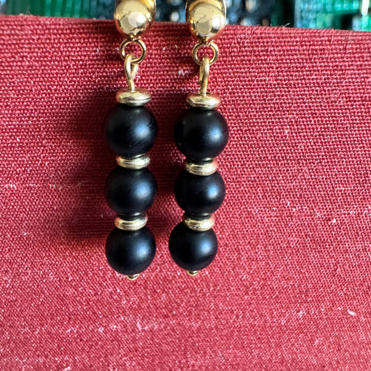 Matte Black Onyx Gemstone Dangle Stud Earrings