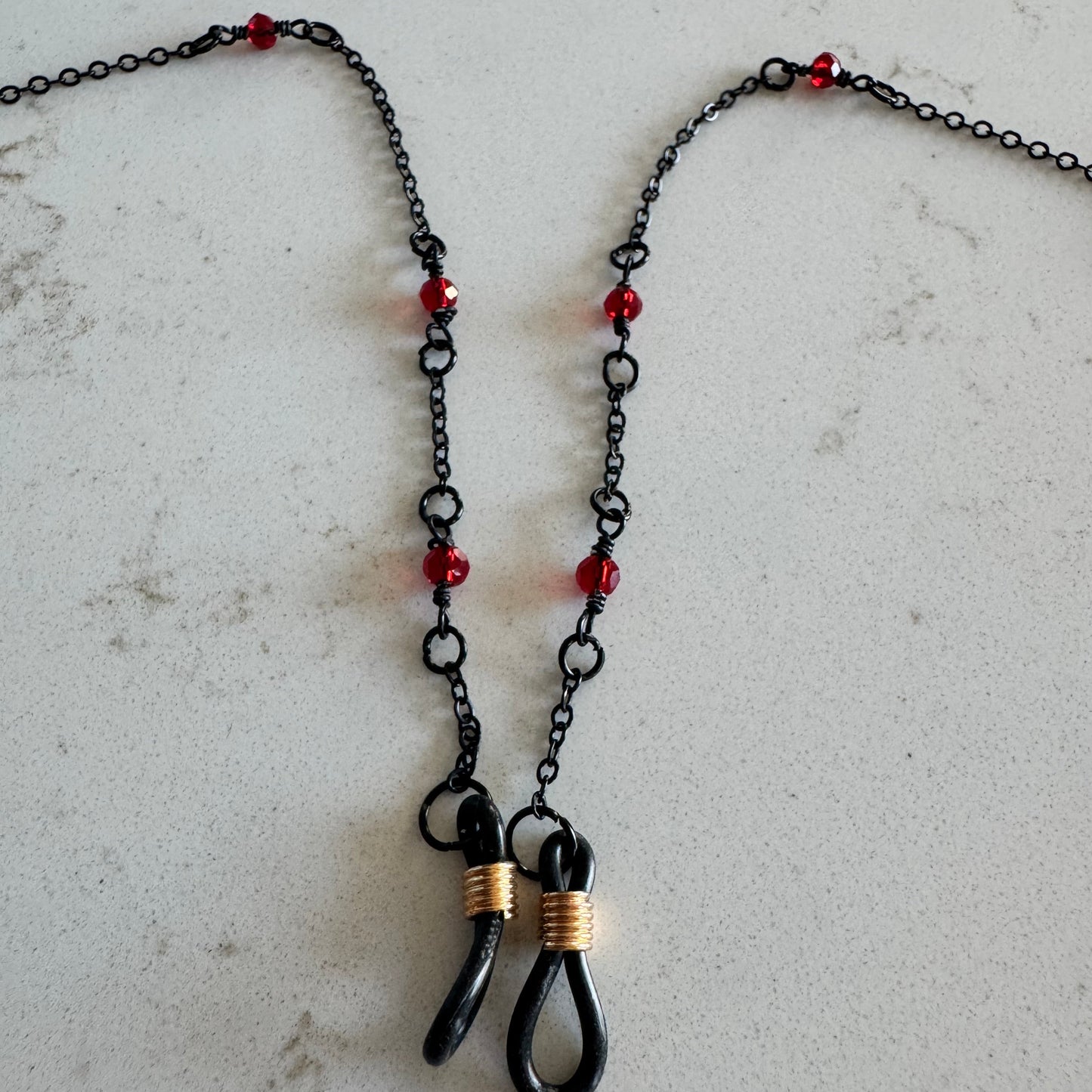 Black Eyewear Chain with Red Czech Glass Beads