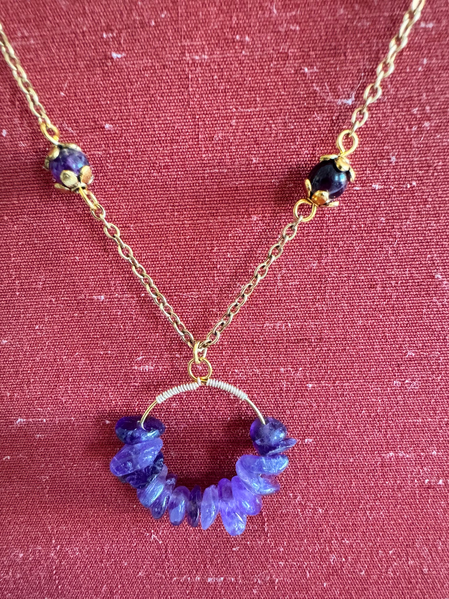 Purple Fluorite and Gold Necklace With Amethyst Pendant