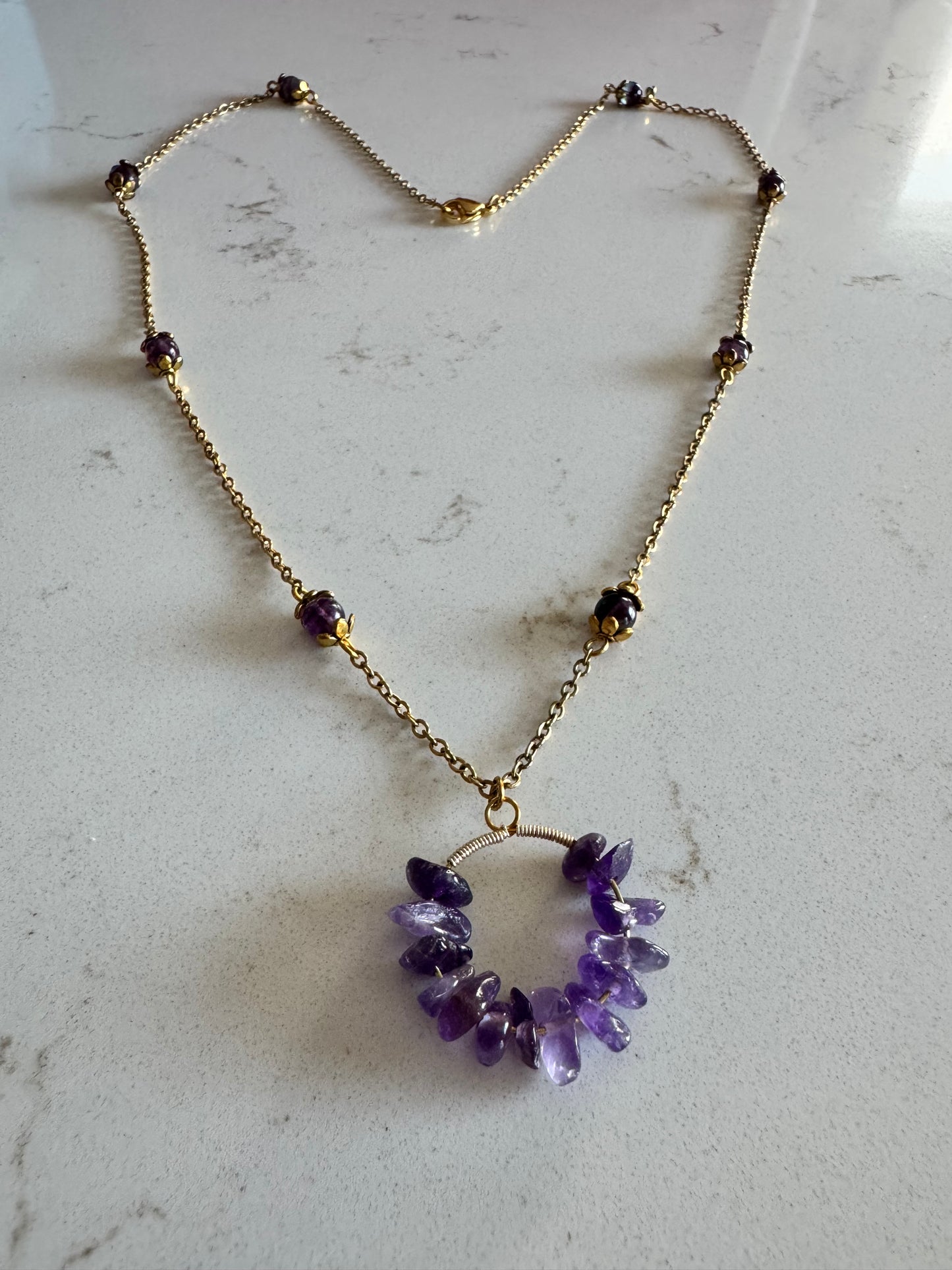Purple Fluorite and Gold Necklace With Amethyst Pendant