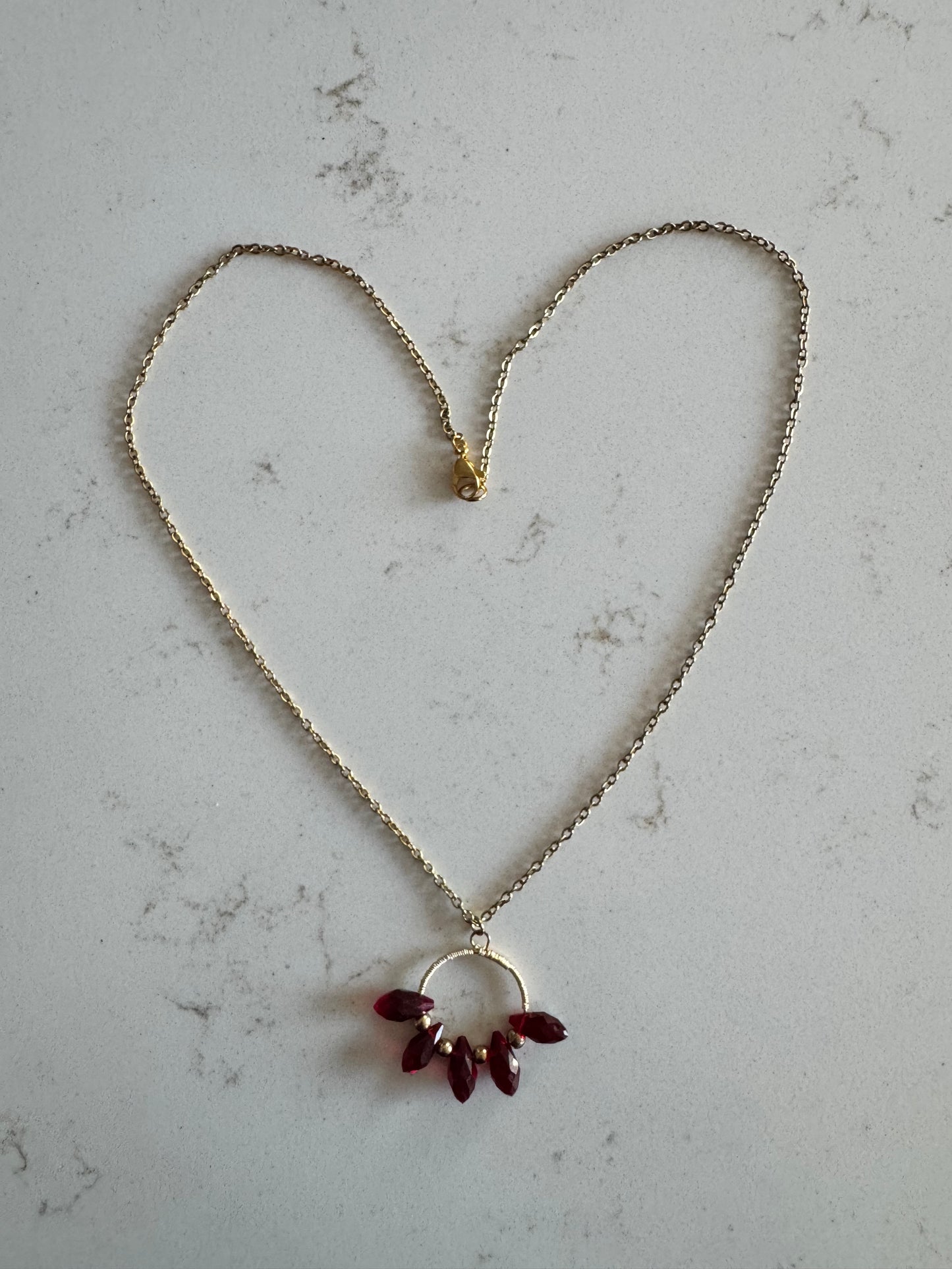 Dark Red Czech Glass and Gold Pendant Necklace