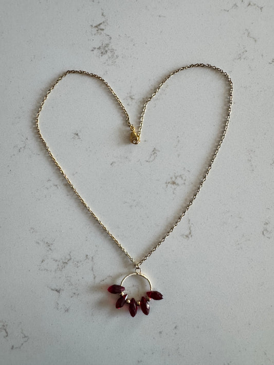 Dark Red Czech Glass and Gold Pendant Necklace
