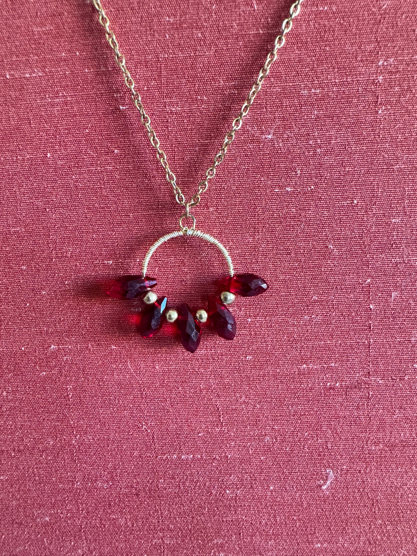 Dark Red Czech Glass and Gold Pendant Necklace