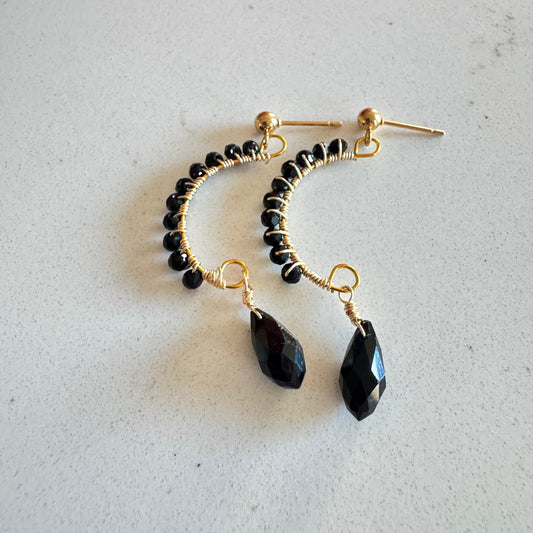 Black and Gold Crescent Moon Dangle Stud Teardrop Earrings